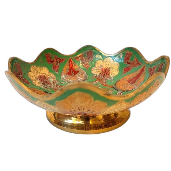 Vintage Solid Brass Hand Painted Pedestal Trinket Decorative Bowl - Picture 2 of 8